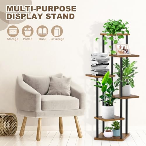 6 Tier Wood Tall Plant Stand Metal Rack Indoor Black