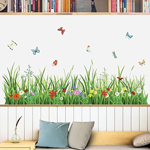 Wondever Green Grass Wall Decals with Flowers and Butterflies