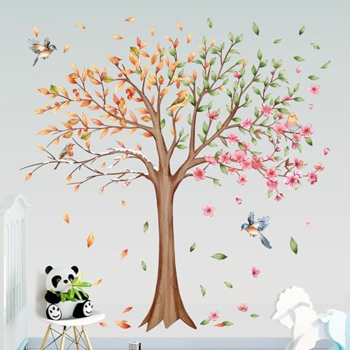 3 Sheets Large Tree Wall Decals with Flowers and Birds