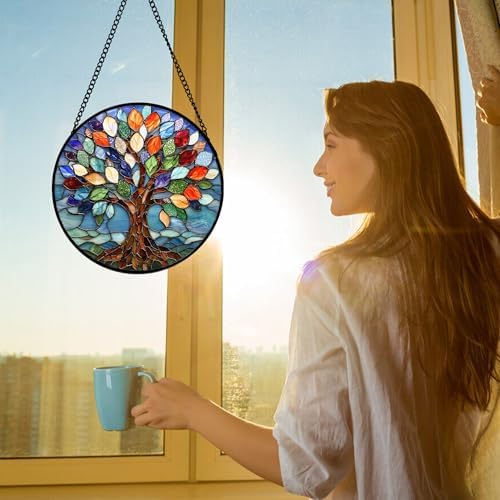 Stained Glass Window Hanging Blue Tree of Life Suncatcher Decor