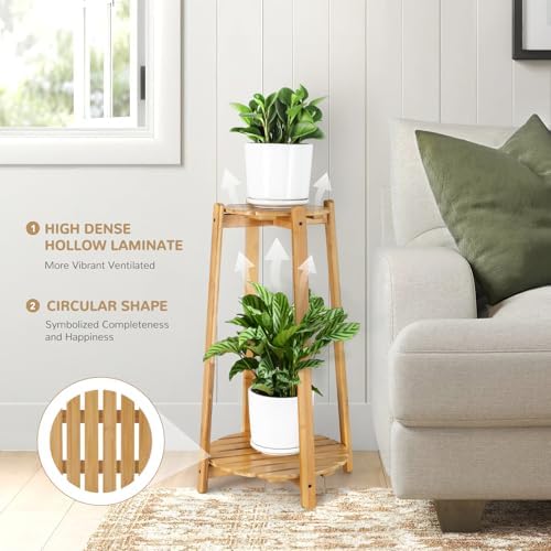 2 Tier Round Bamboo Plant Stand for Indoor Plants