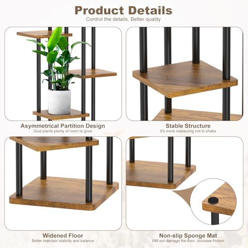 6 Tier Wood Tall Plant Stand Metal Rack Indoor Black