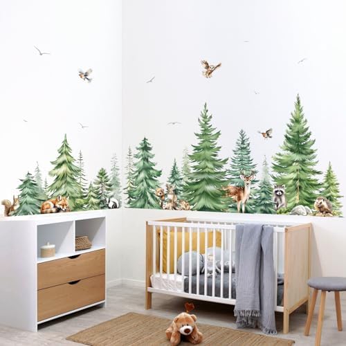Decalmile Large Watercolor Pine Tree Animals Wall Stickers