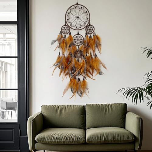 Handmade Brown Dream Catcher Wall Decor with Feathers and Beads