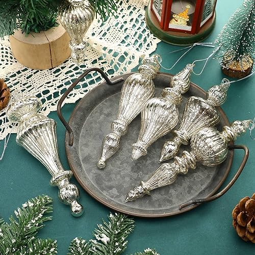 6 Pcs Crystal Glass Christmas Finials Silver Hanging Decorations