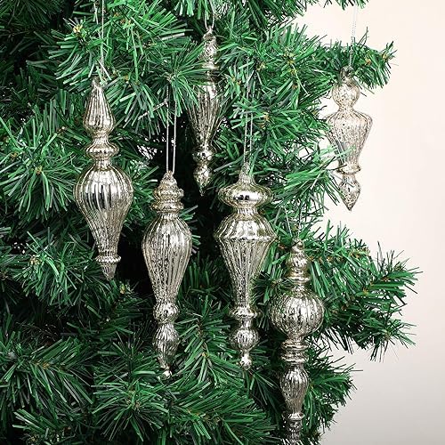 6 Pcs Crystal Glass Christmas Finials Silver Hanging Decorations